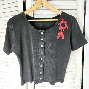 90s Vintage Cotton Button Front Crop Tee With Red Velvet Applique Small/Medium